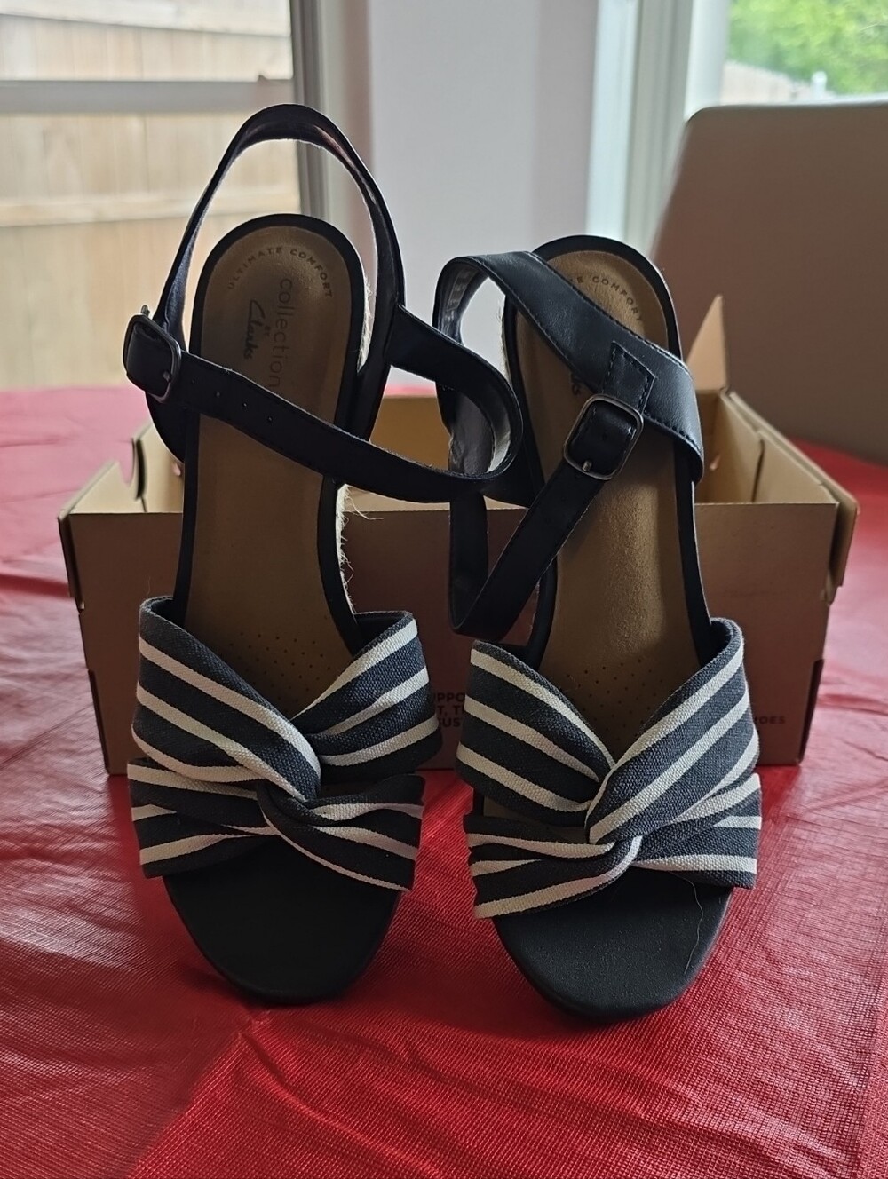 Clarks Navy and White Striped Knot Front Heels